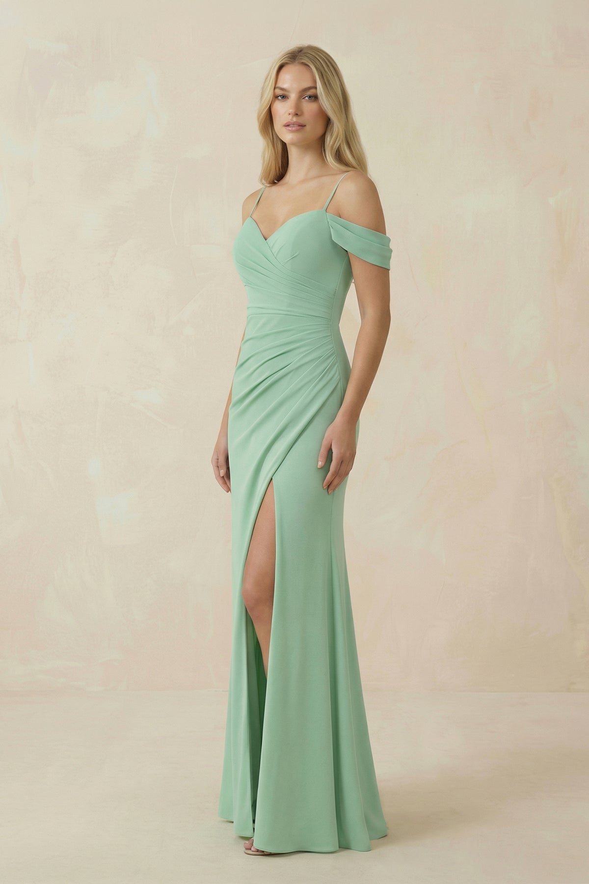 Off - the - Shoulder Sheath Chiffon Ruched Bridesmaid Dress - SHE IS ME Bridesmaid Dresses