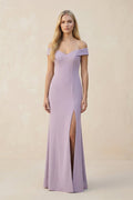 Off - the - Shoulder Sheath Matte Satin Bridesmaid Dress in Lavender Grey - SHE IS ME Bridesmaid Dresses