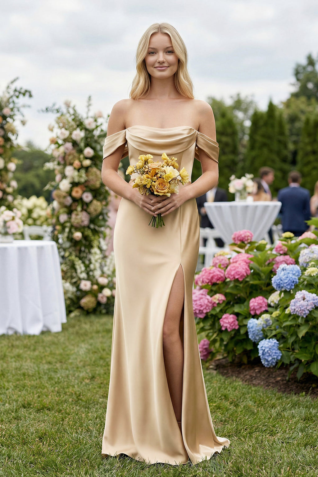 Off - the - Shoulder Sheath Satin Bridesmaid Dress with Slit - SHE IS ME Bridesmaid Dresses