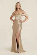 Off - the - Shoulder Sheath Satin Bridesmaid Dress with Slit - SHE IS ME Bridesmaid Dresses