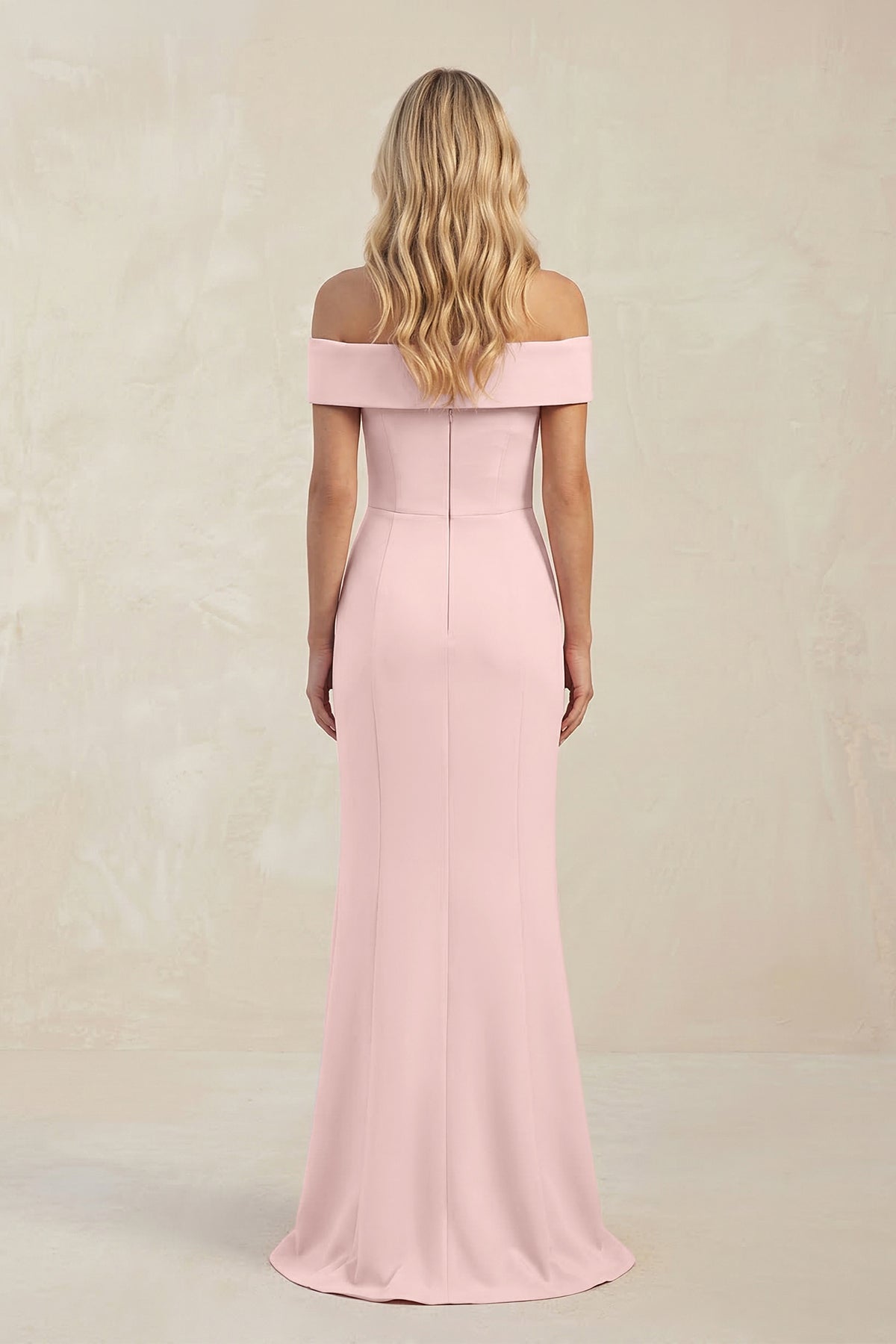 Off - the - Shoulder Sheath Satin Bridesmaid Dress With Slit in Rose Petal - SHE IS ME Bridesmaid Dresses