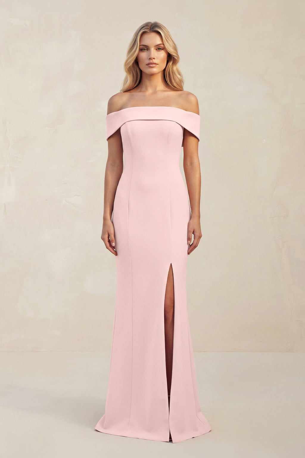 Off - the - Shoulder Sheath Satin Bridesmaid Dress With Slit in Rose Petal - SHE IS ME Bridesmaid Dresses