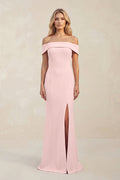 Off - the - Shoulder Sheath Satin Bridesmaid Dress With Slit in Rose Petal - SHE IS ME Bridesmaid Dresses