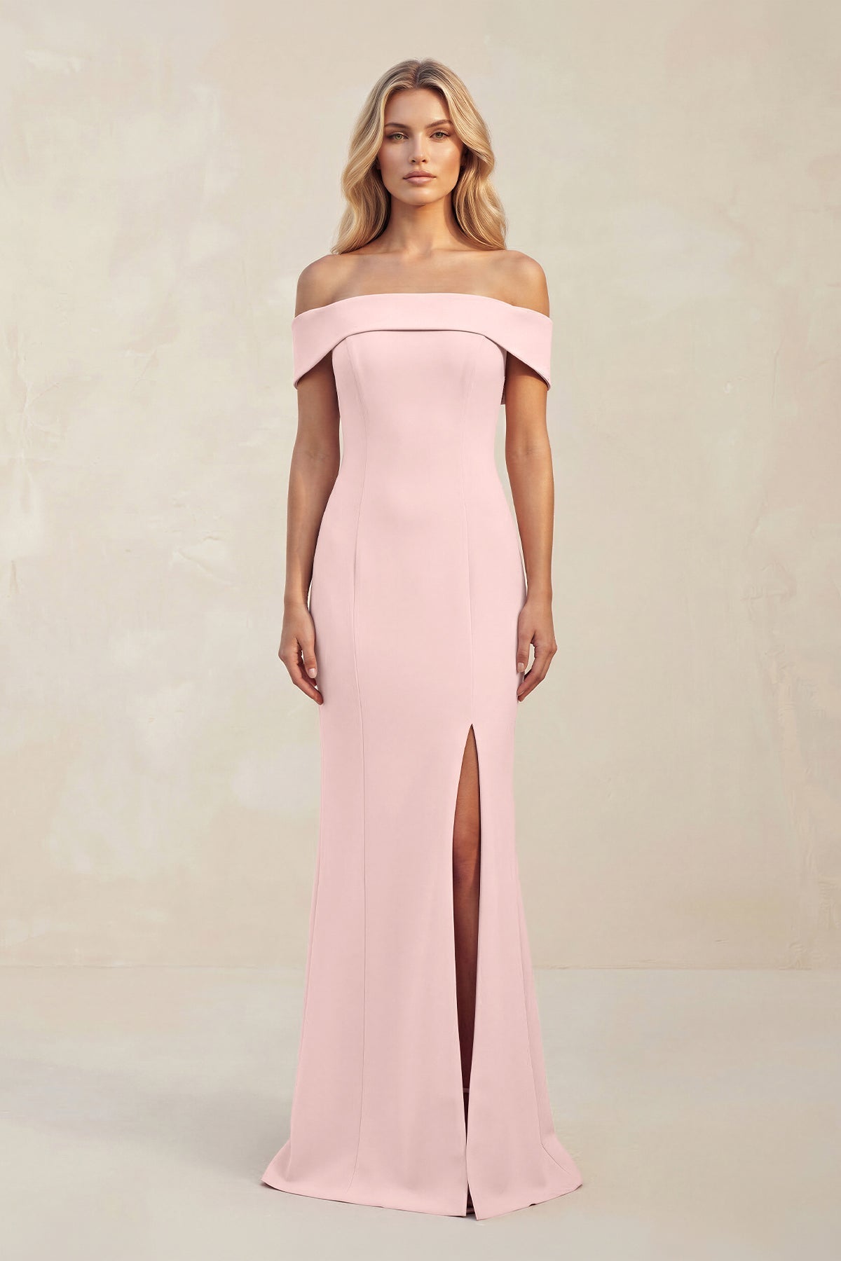 Off - the - Shoulder Sheath Satin Bridesmaid Dress With Slit in Rose Petal - SHE IS ME Bridesmaid Dresses