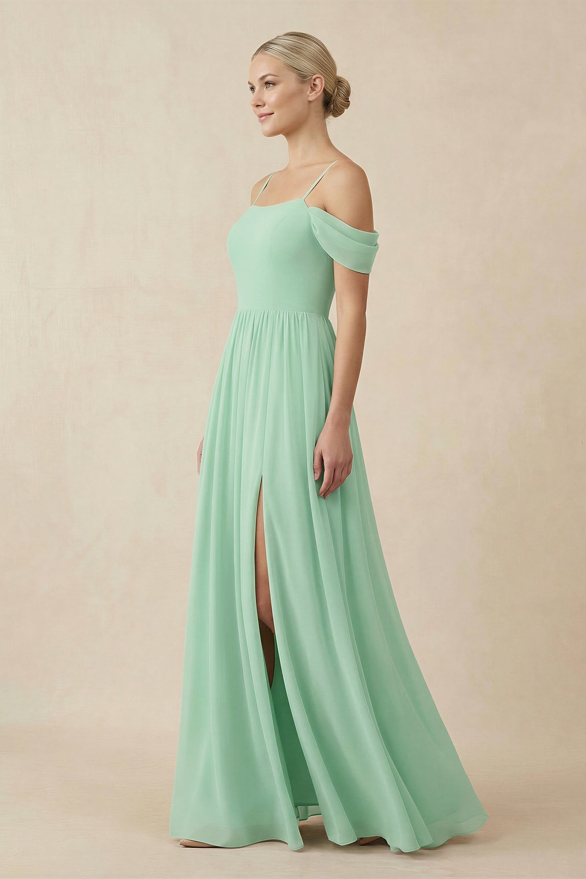 Off-the-Shoulder Sweetheart A-Line Chiffon Bridesmaid Dress in Pale Pistachio - SHE IS ME BRIDESMAID DRESSES