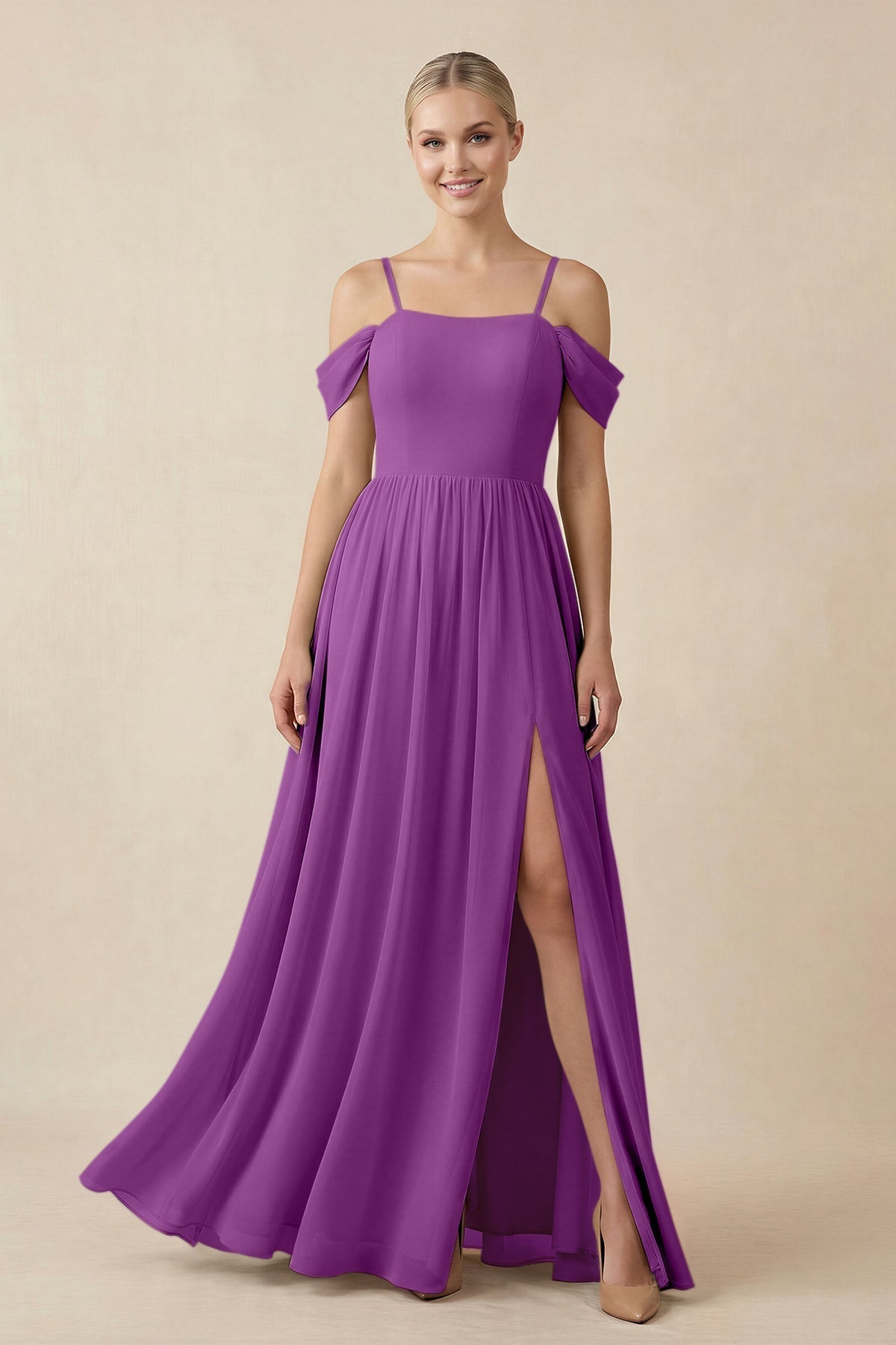 Off - the - Shoulder Sweetheart A - Line Chiffon Bridesmaid Dress in Amethyst - SHE IS ME Bridesmaid Dresses