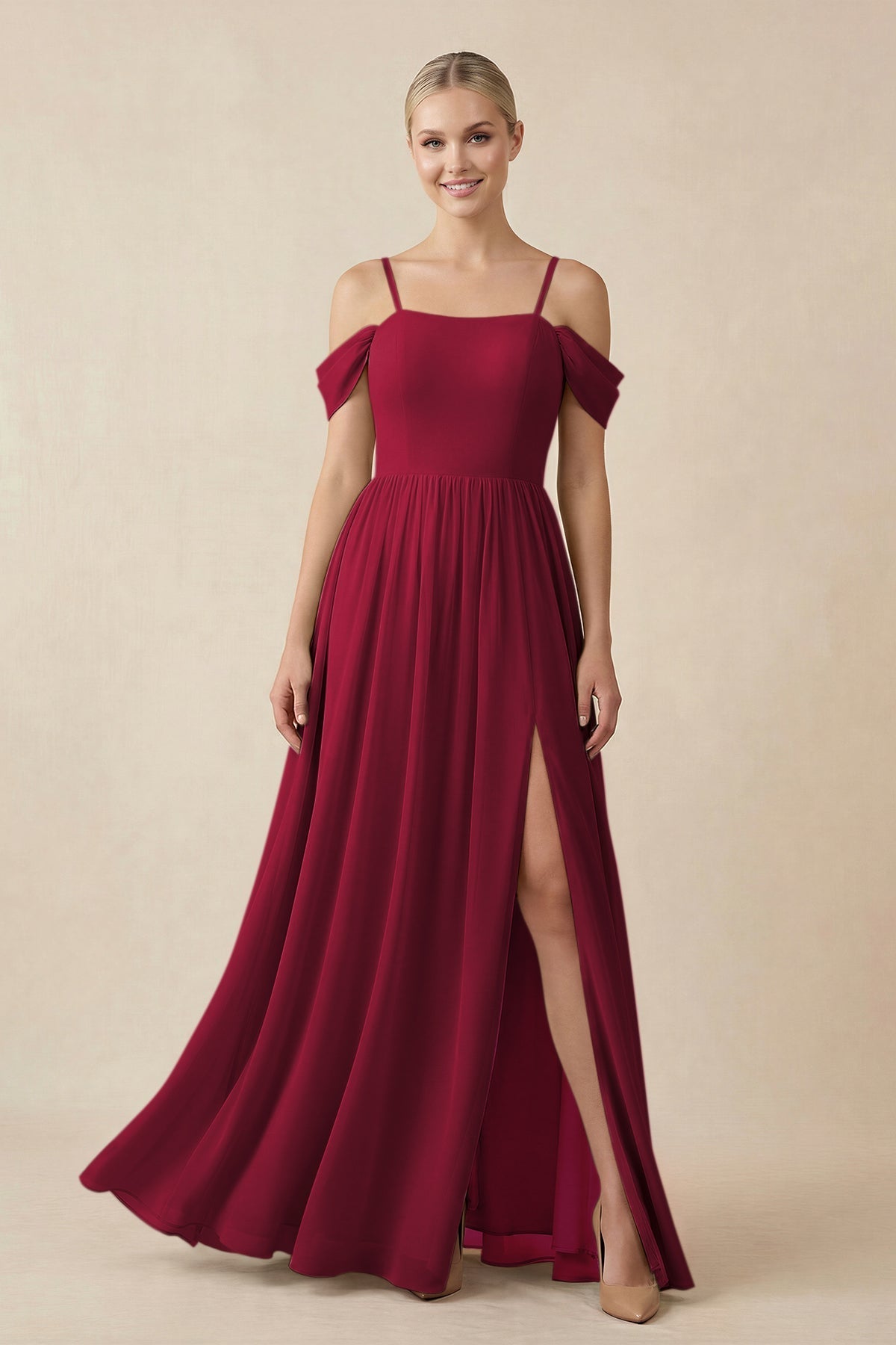 Off - the - Shoulder Sweetheart A - Line Chiffon Bridesmaid Dress in Berry - SHE IS ME Bridesmaid Dresses