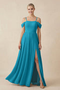 Off - the - Shoulder Sweetheart A - Line Chiffon Bridesmaid Dress in Blue Jay - SHE IS ME Bridesmaid Dresses
