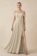 Off - the - Shoulder Sweetheart A - Line Chiffon Bridesmaid Dress in Champagne - SHE IS ME Bridesmaid Dresses
