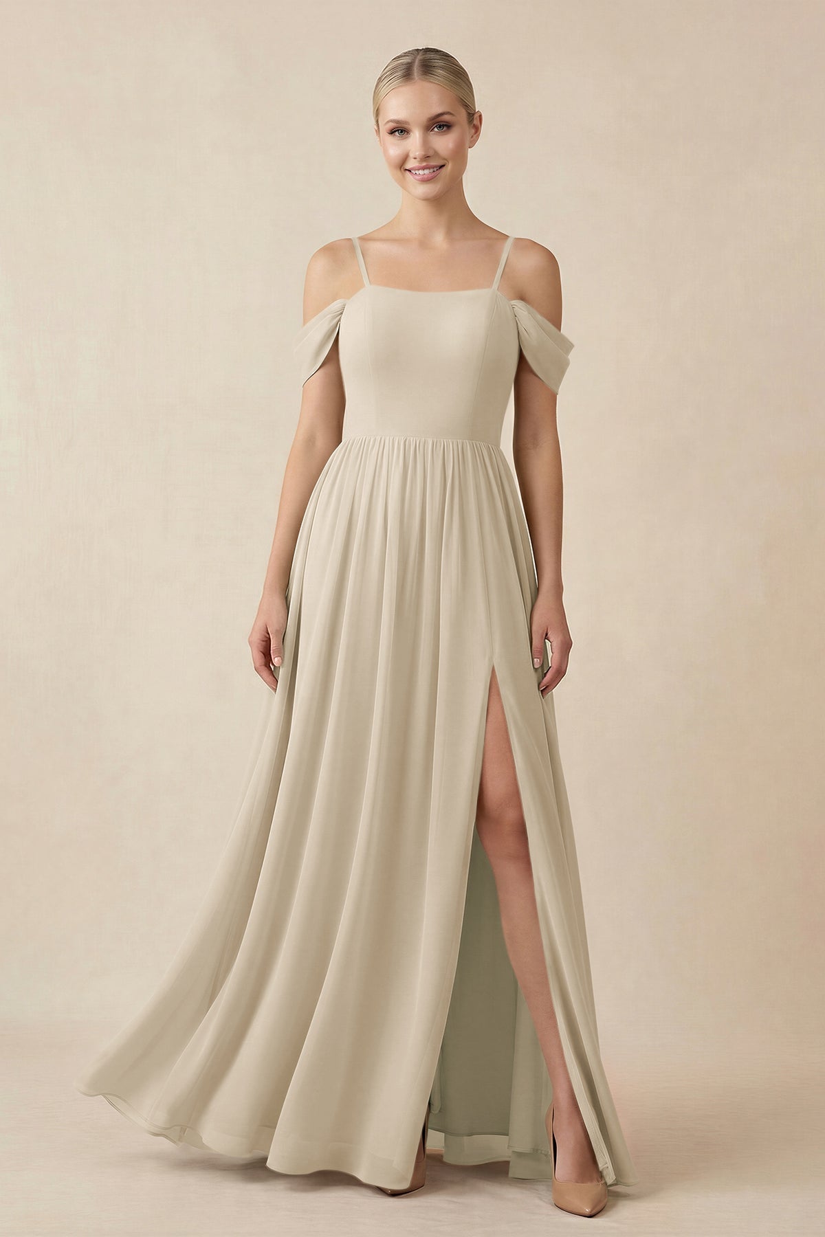 Off - the - Shoulder Sweetheart A - Line Chiffon Bridesmaid Dress in Champagne - SHE IS ME Bridesmaid Dresses