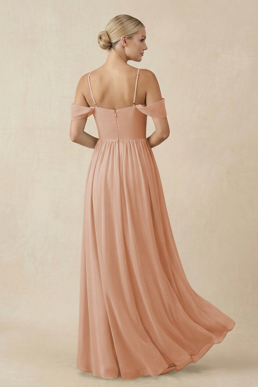 Off - the - Shoulder Sweetheart A - Line Chiffon Bridesmaid Dress in Champagne Rose - SHE IS ME Bridesmaid Dresses
