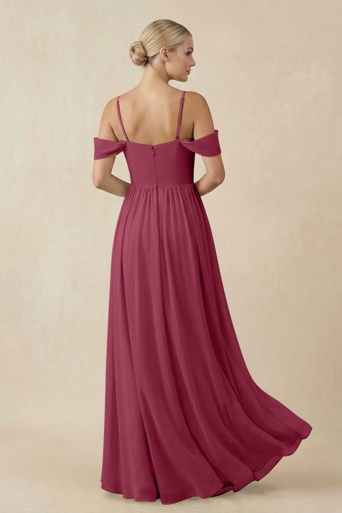 Off - the - Shoulder Sweetheart A - Line Chiffon Bridesmaid Dress in Desert Rose - SHE IS ME Bridesmaid Dresses