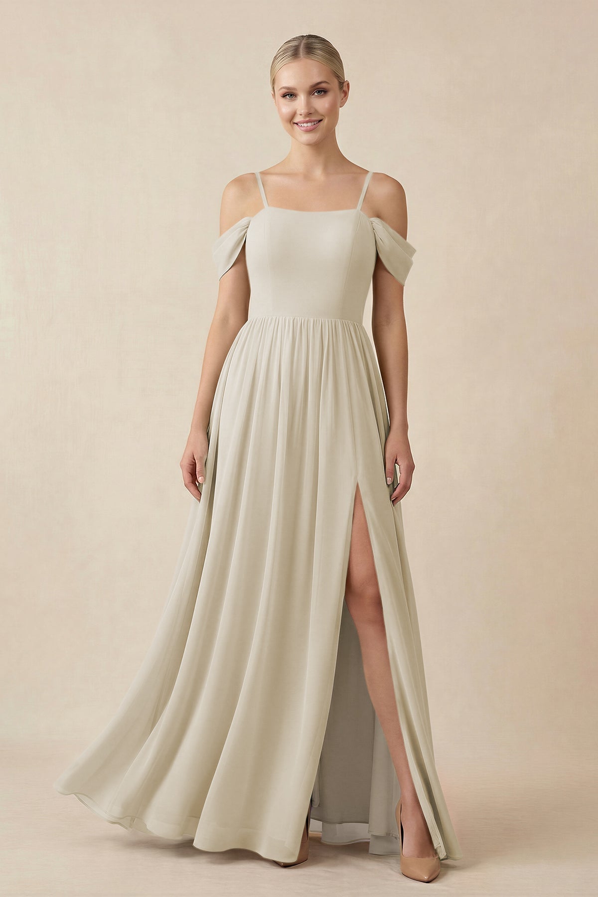 Off - the - Shoulder Sweetheart A - Line Chiffon Bridesmaid Dress in Dove Gray - SHE IS ME Bridesmaid Dresses