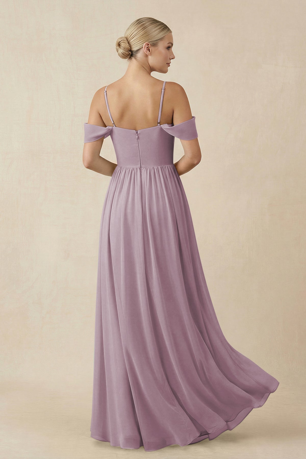 Off - the - Shoulder Sweetheart A - Line Chiffon Bridesmaid Dress in Dusk - SHE IS ME Bridesmaid Dresses