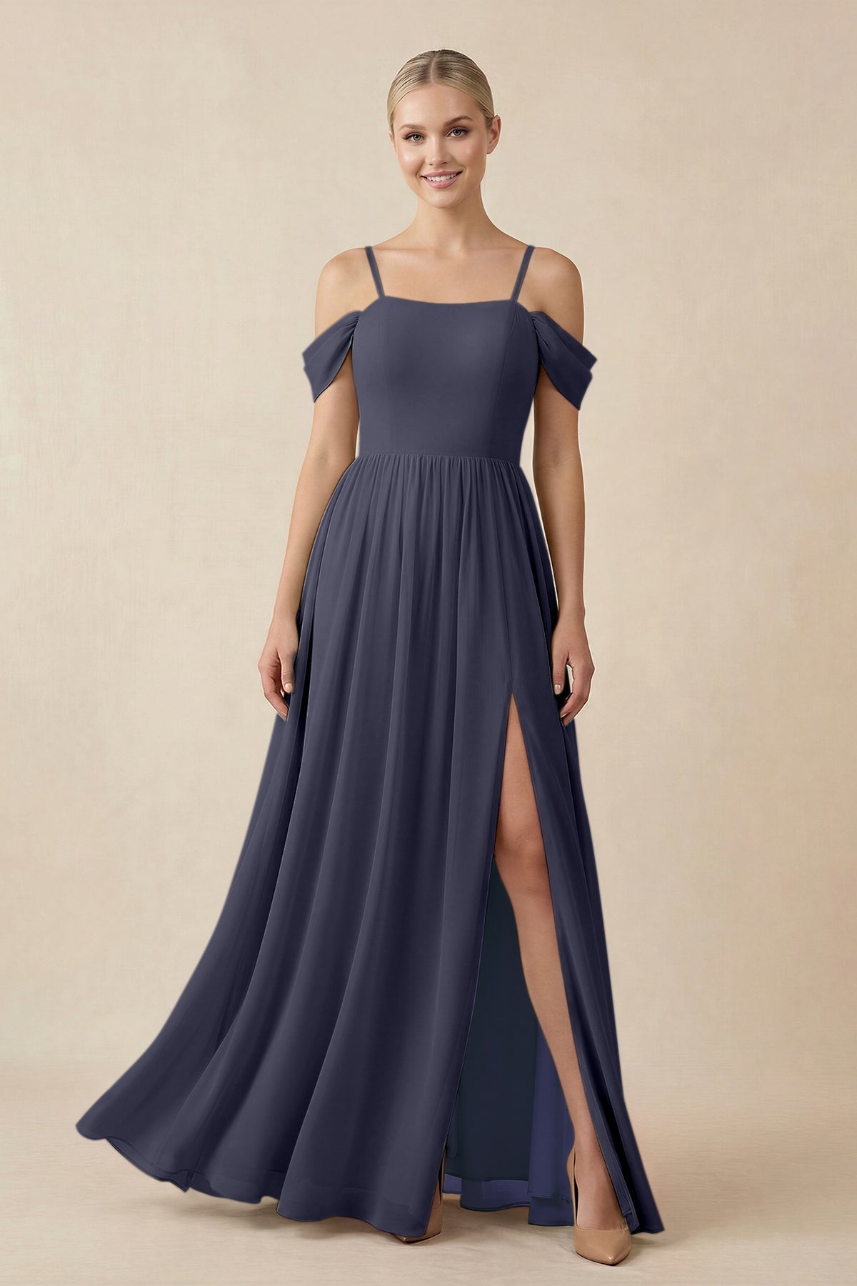 Off - the - Shoulder Sweetheart A - Line Chiffon Bridesmaid Dress in Dusk Blue - SHE IS ME Bridesmaid Dresses