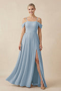 Off - the - Shoulder Sweetheart A - Line Chiffon Bridesmaid Dress in Dusty Blue - SHE IS ME Bridesmaid Dresses