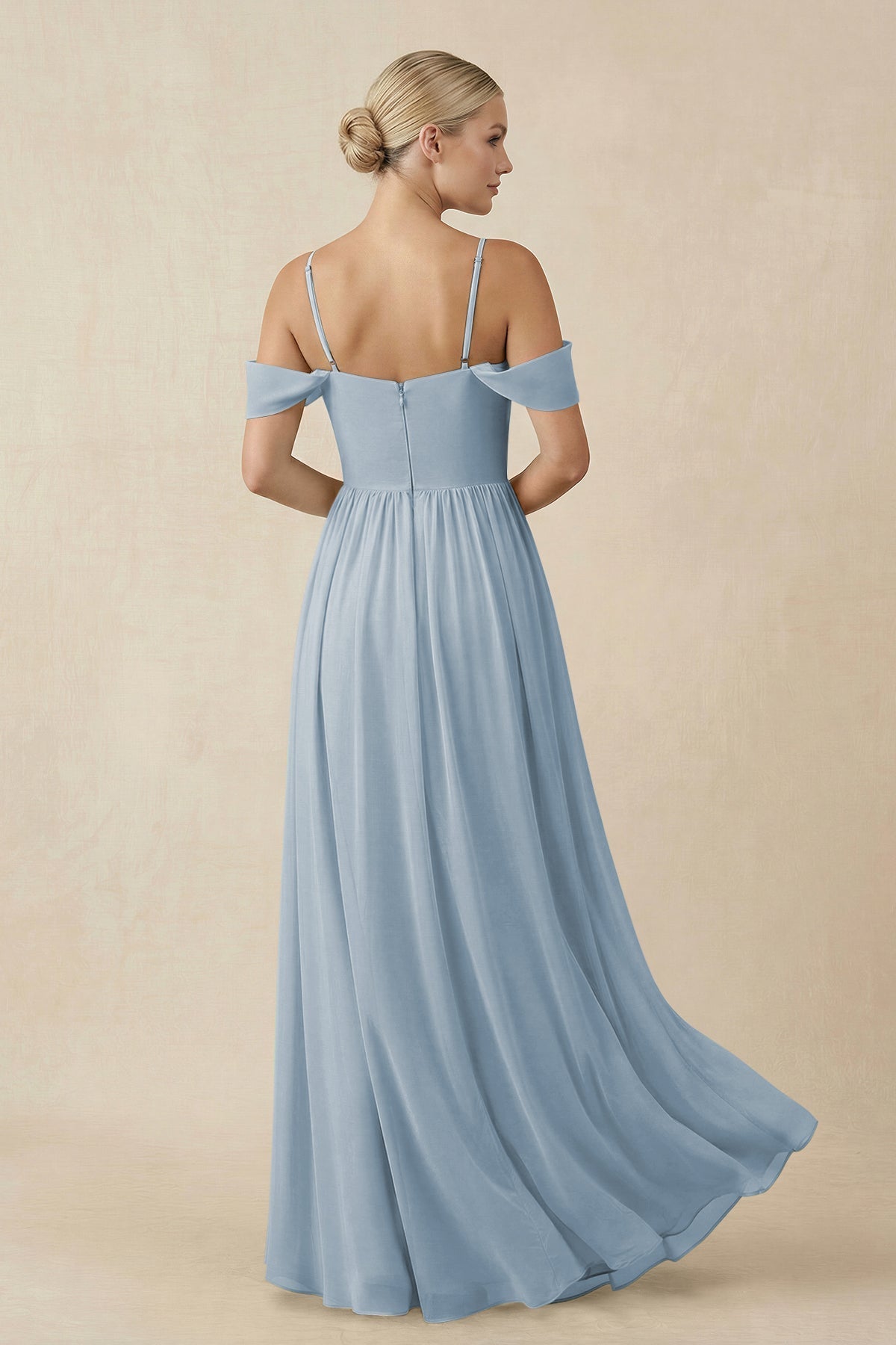 Off - the - Shoulder Sweetheart A - Line Chiffon Bridesmaid Dress in Dusty Blue - SHE IS ME Bridesmaid Dresses