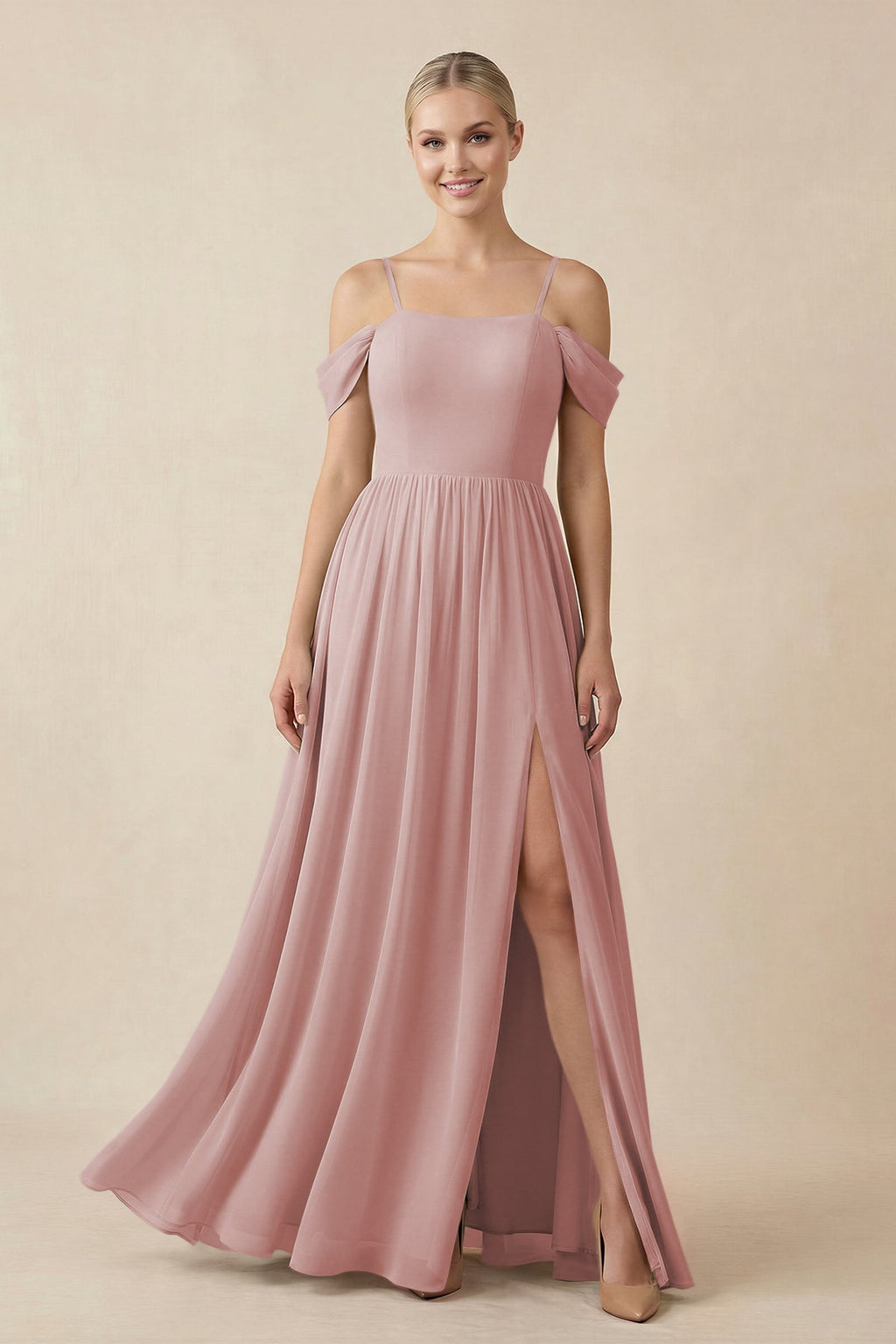 Off - the - Shoulder Sweetheart A - Line Chiffon Bridesmaid Dress in Dusty Rose - SHE IS ME Bridesmaid Dresses