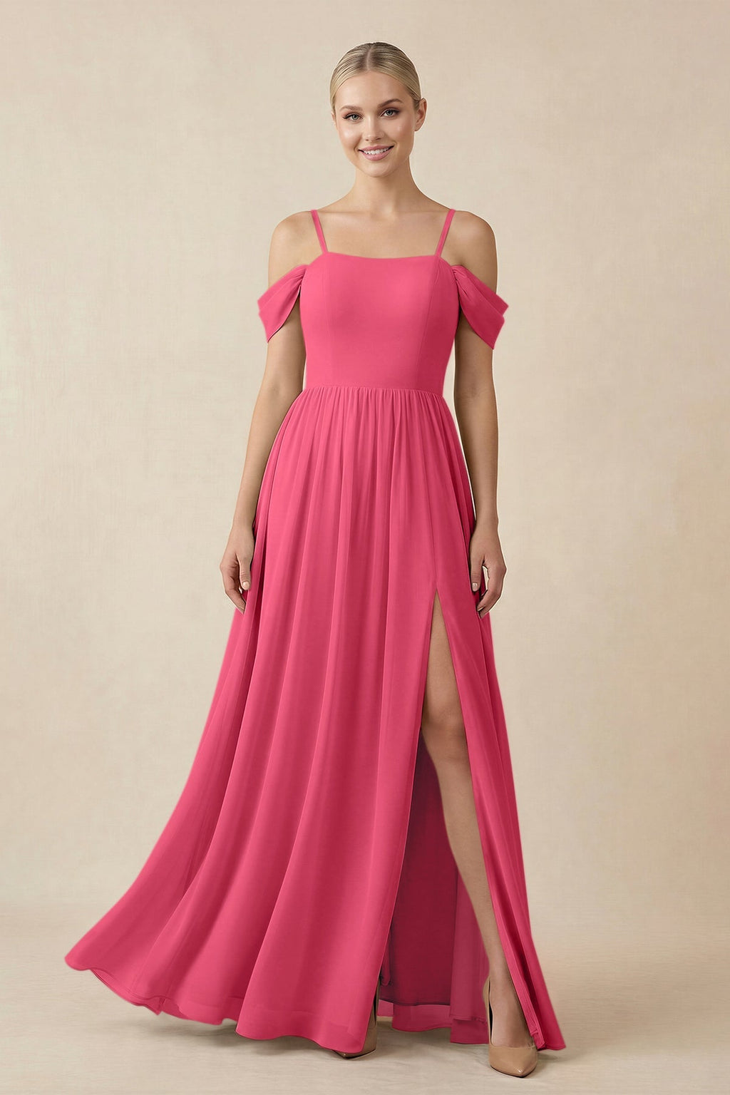 Off - the - Shoulder Sweetheart A - Line Chiffon Bridesmaid Dress in Fuchsia - SHE IS ME Bridesmaid Dresses