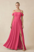 Off - the - Shoulder Sweetheart A - Line Chiffon Bridesmaid Dress in Fuchsia - SHE IS ME Bridesmaid Dresses