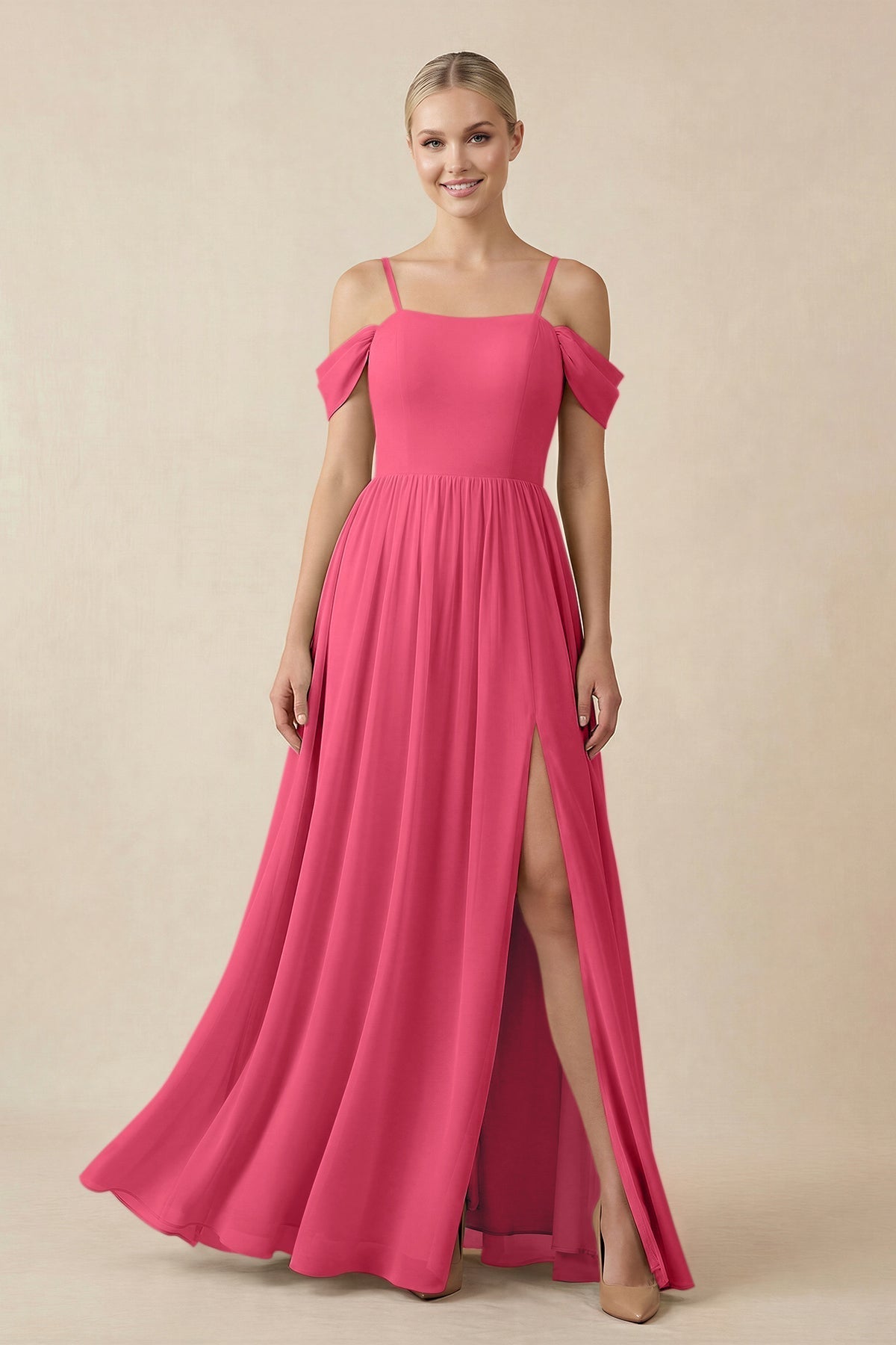 Off - the - Shoulder Sweetheart A - Line Chiffon Bridesmaid Dress in Fuchsia - SHE IS ME Bridesmaid Dresses