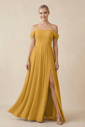 Off - the - Shoulder Sweetheart A - Line Chiffon Bridesmaid Dress in Marigold - SHE IS ME Bridesmaid Dresses