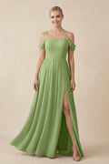 Off - the - Shoulder Sweetheart A - Line Chiffon Bridesmaid Dress in Matcha - SHE IS ME Bridesmaid Dresses