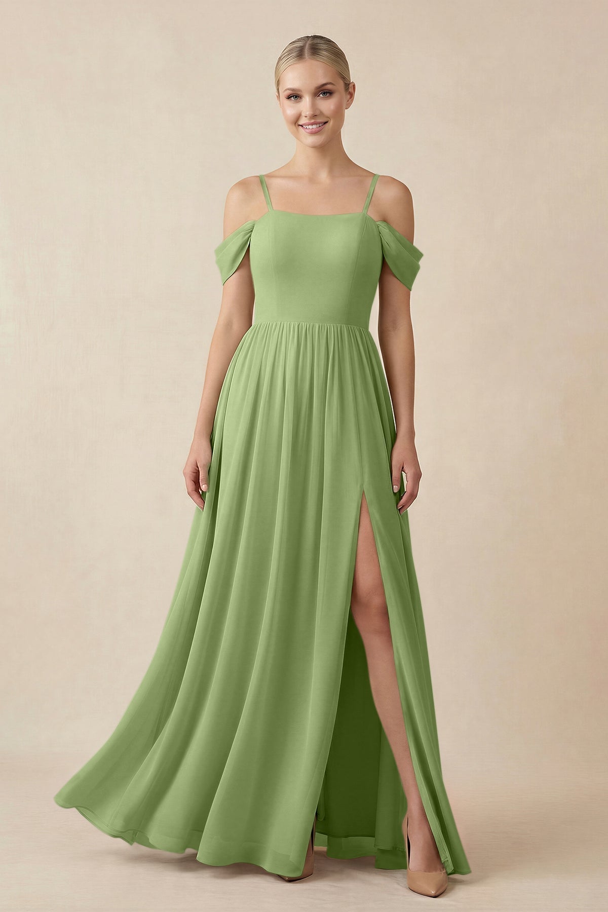 Off - the - Shoulder Sweetheart A - Line Chiffon Bridesmaid Dress in Matcha - SHE IS ME Bridesmaid Dresses