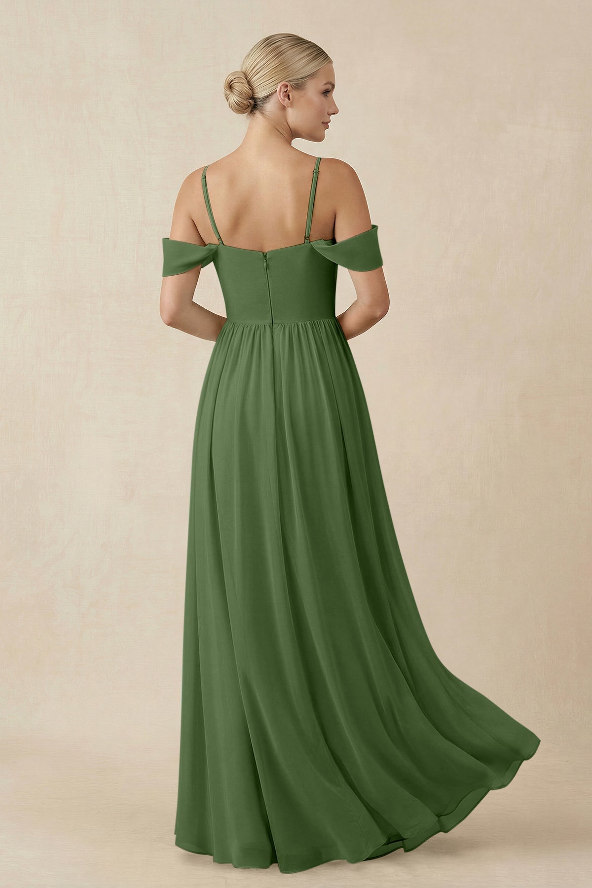 Off - the - Shoulder Sweetheart A - Line Chiffon Bridesmaid Dress in Moss - SHE IS ME Bridesmaid Dresses