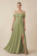 Off - the - Shoulder Sweetheart A - Line Chiffon Bridesmaid Dress in Moss Green - SHE IS ME Bridesmaid Dresses