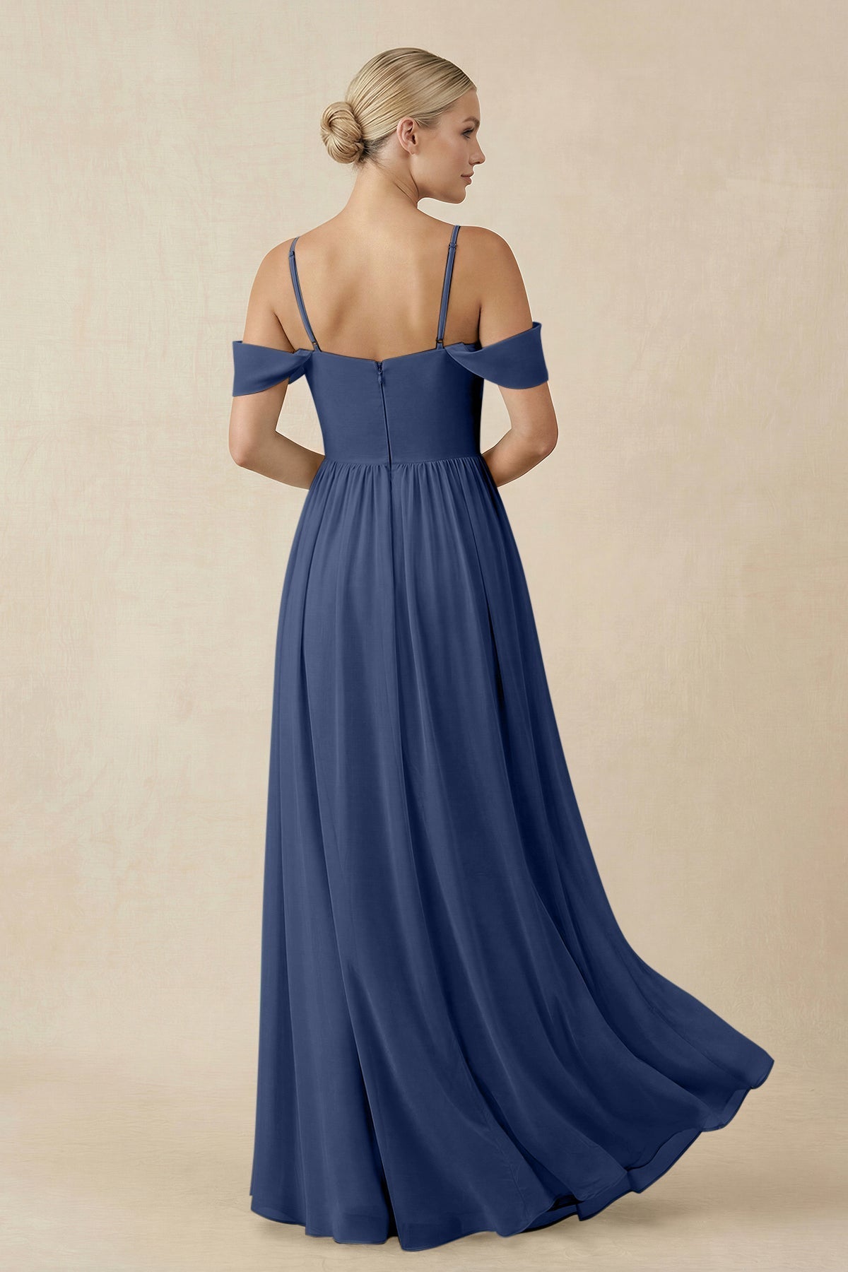Off - the - Shoulder Sweetheart A - Line Chiffon Bridesmaid Dress in Navy - SHE IS ME Bridesmaid Dresses