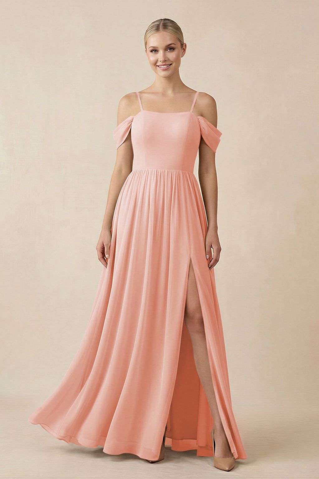 Off - the - Shoulder Sweetheart A - Line Chiffon Bridesmaid Dress in Rose Petal - SHE IS ME Bridesmaid Dresses