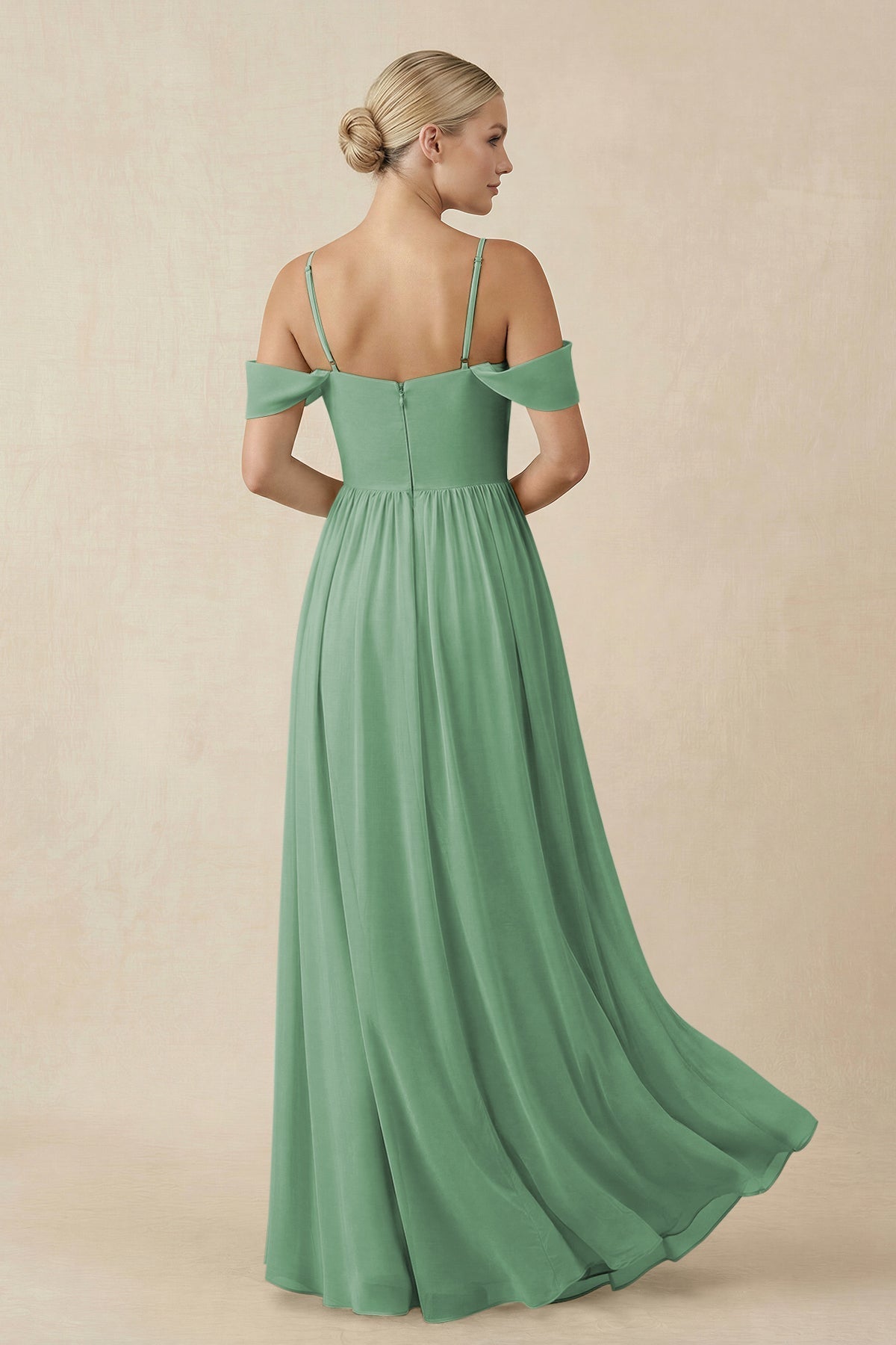 Off - the - Shoulder Sweetheart A - Line Chiffon Bridesmaid Dress in Sea Glass - SHE IS ME Bridesmaid Dresses
