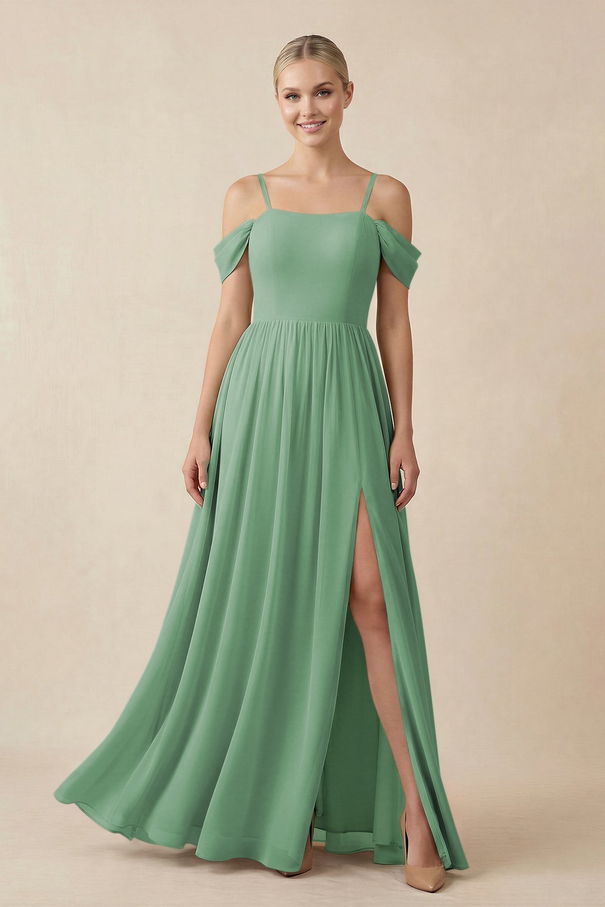 Off - the - Shoulder Sweetheart A - Line Chiffon Bridesmaid Dress in Sea Glass - SHE IS ME Bridesmaid Dresses