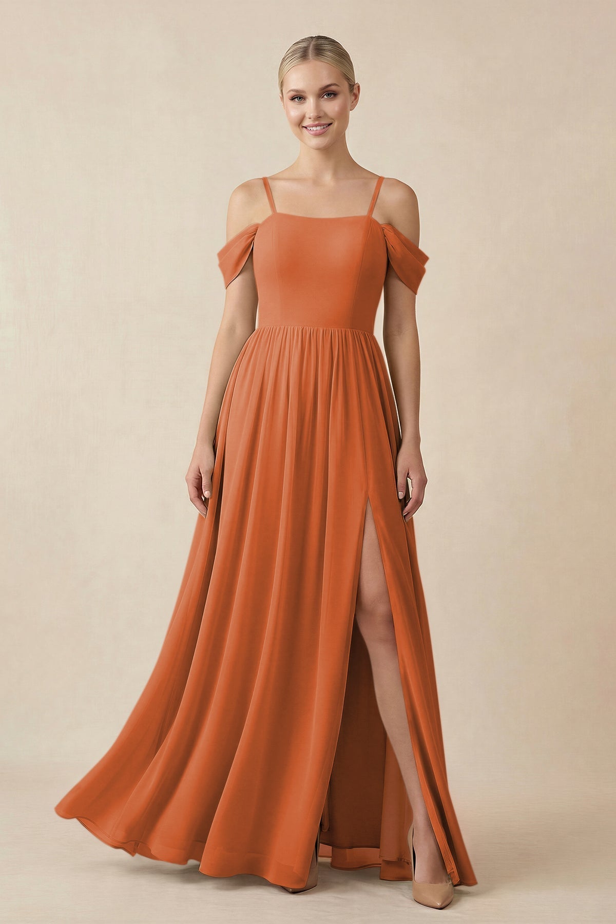 Off - the - Shoulder Sweetheart A - Line Chiffon Bridesmaid Dress in Terracotta - SHE IS ME Bridesmaid Dresses