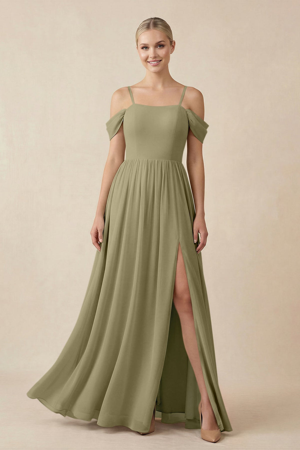 Off - the - Shoulder Sweetheart A - Line Chiffon Bridesmaid Dress in Thyme - SHE IS ME Bridesmaid Dresses