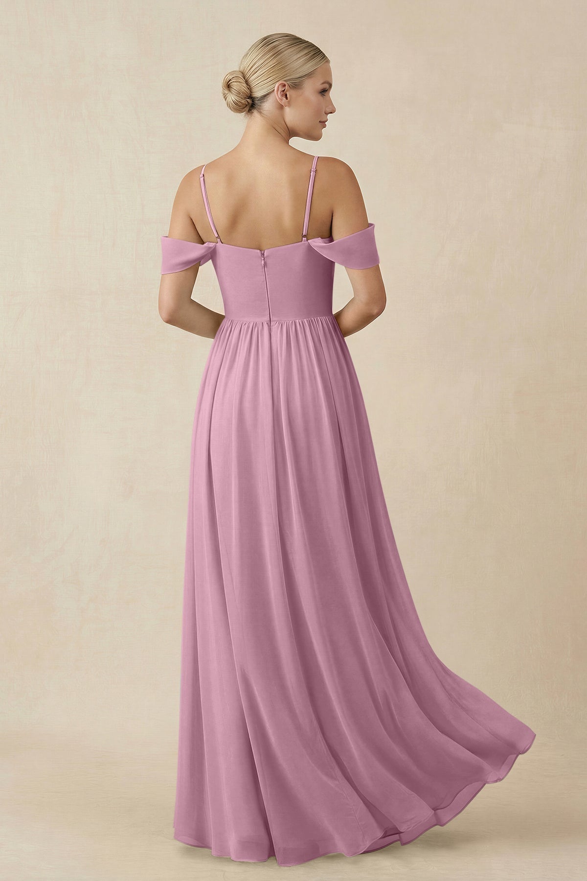 Off - the - Shoulder Sweetheart A - Line Chiffon Bridesmaid Dress in Vintage Mauve - SHE IS ME Bridesmaid Dresses