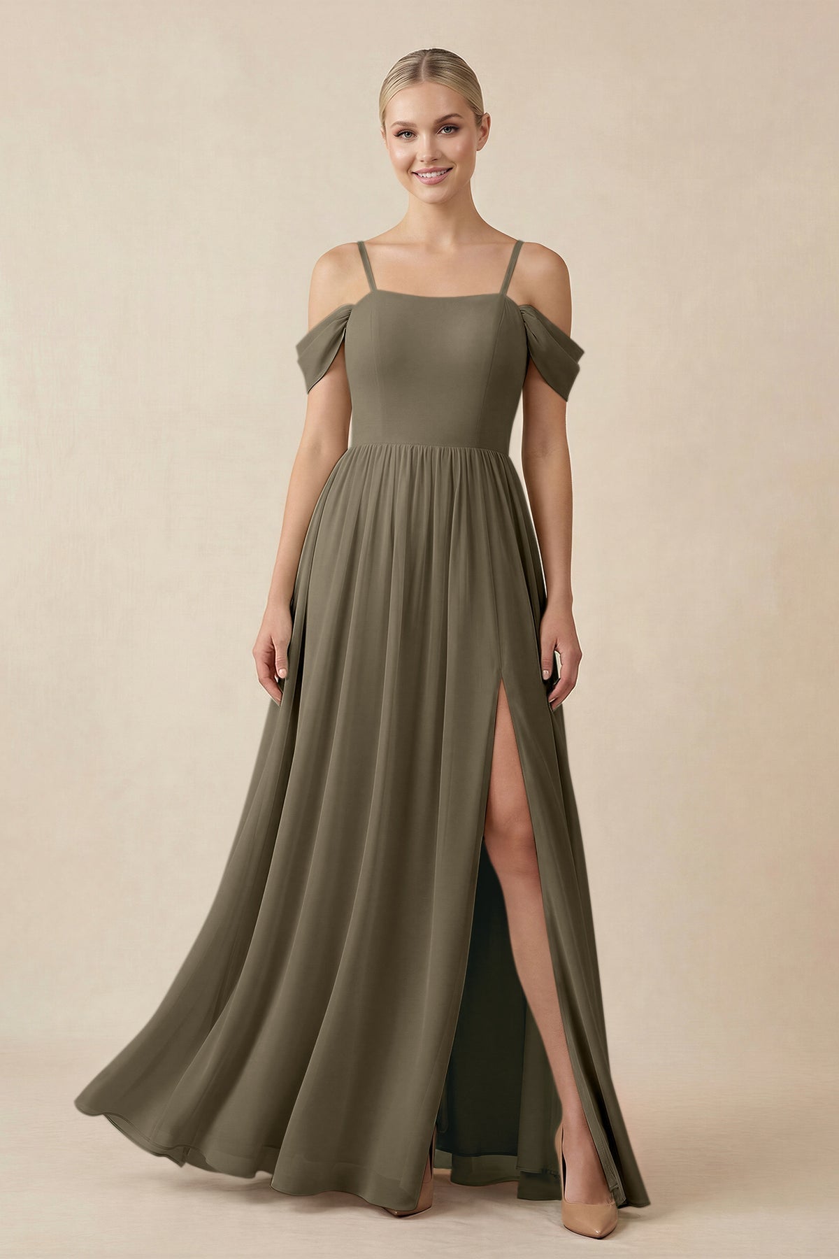 Off - the - Shoulder Sweetheart A - Line Chiffon Bridesmaid Dress in Willow Green - SHE IS ME Bridesmaid Dresses