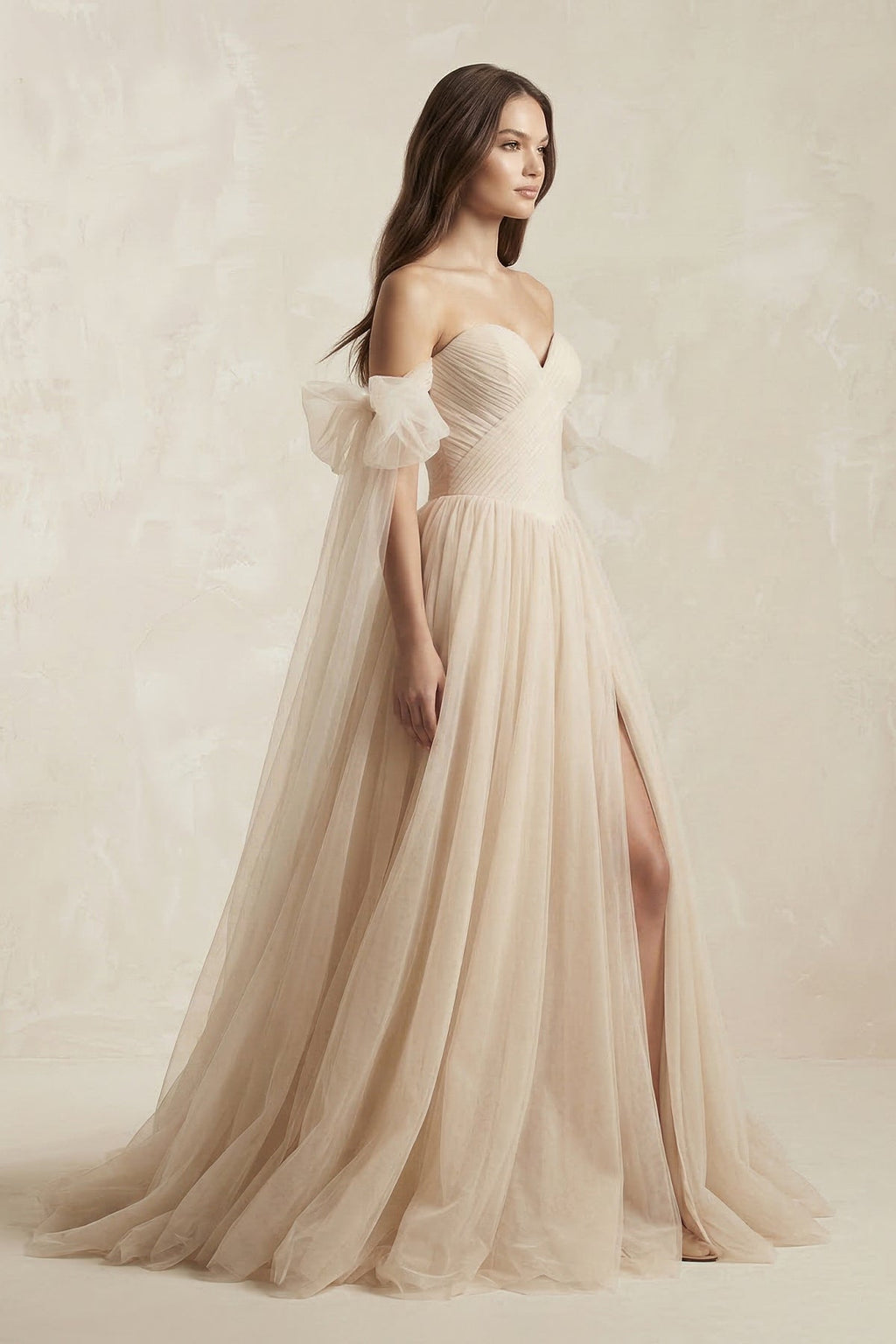 Off - the - Shoulder Tulle A - Line Wedding Dress in Champagne - SHE IS ME Wedding Dresses