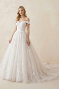 Off - the - Shoulder Tulle Appliqued Wedding Gown in White - SHE IS ME Wedding Dresses