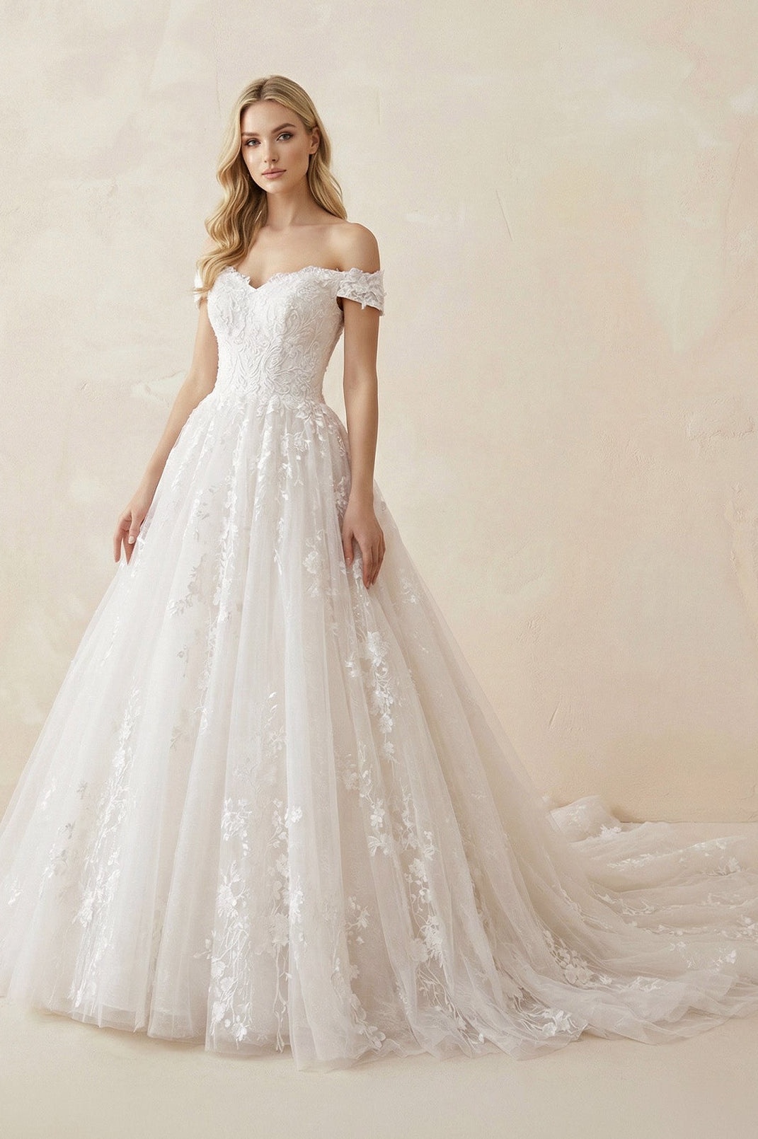 Off - the - Shoulder Tulle Appliqued Wedding Gown in White - SHE IS ME Wedding Dresses