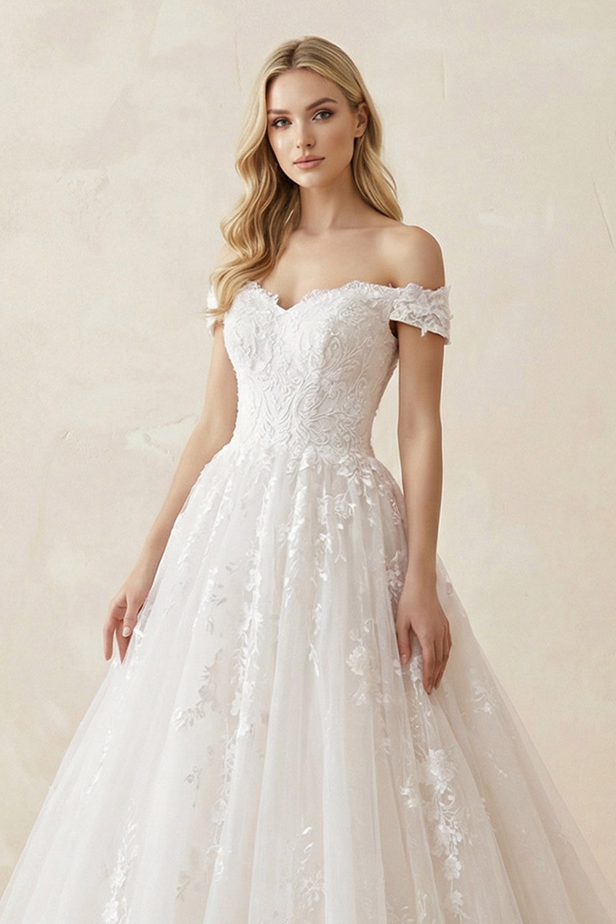 Off - the - Shoulder Tulle Appliqued Wedding Gown in White - SHE IS ME Wedding Dresses