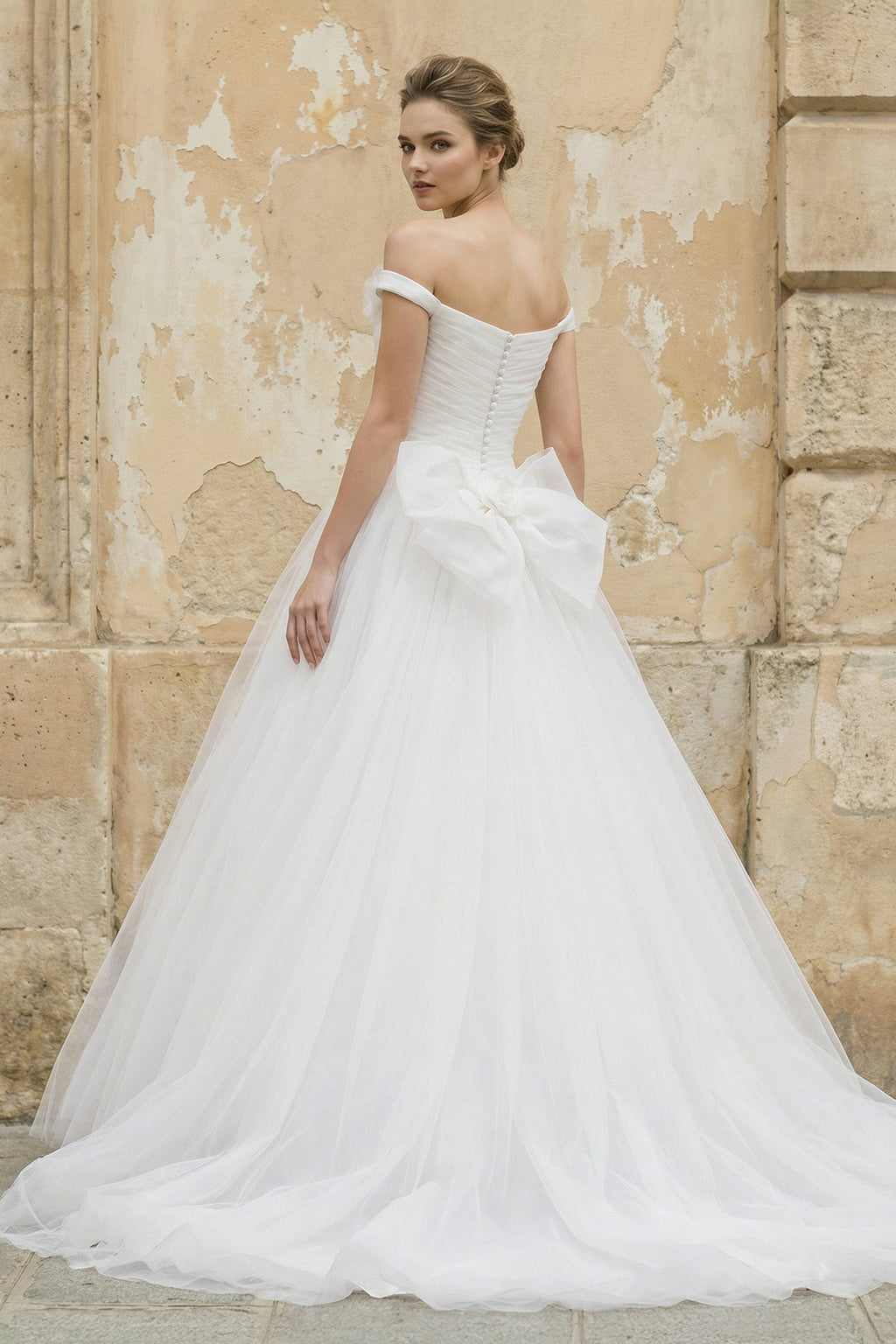 Off The Shoulder Tulle Ball Gown With Floral in White - SHE IS ME Wedding Dresses