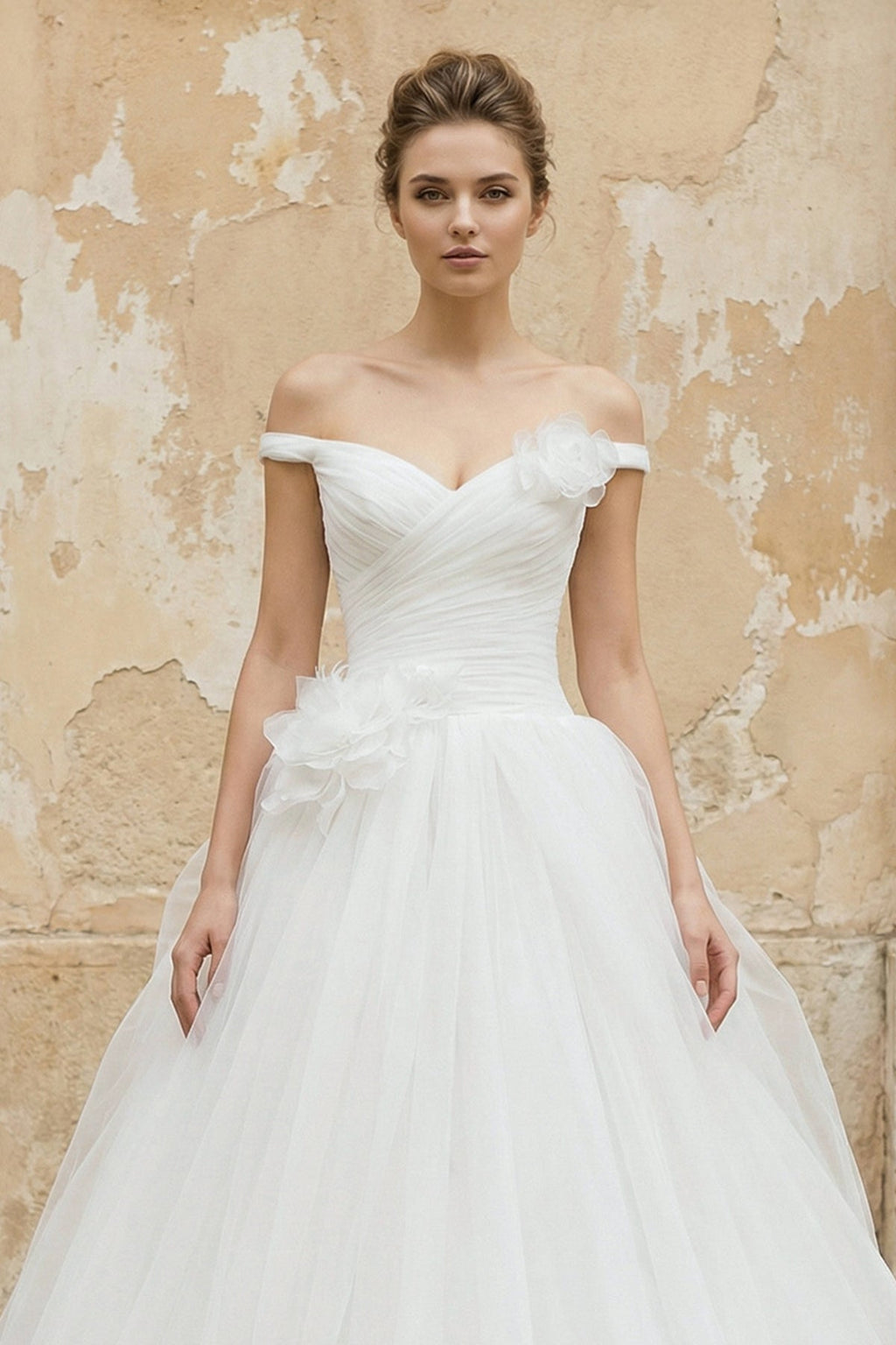 Off The Shoulder Tulle Ball Gown With Floral in White - SHE IS ME Wedding Dresses