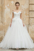 Off The Shoulder Tulle Ball Gown With Floral in White - SHE IS ME Wedding Dresses