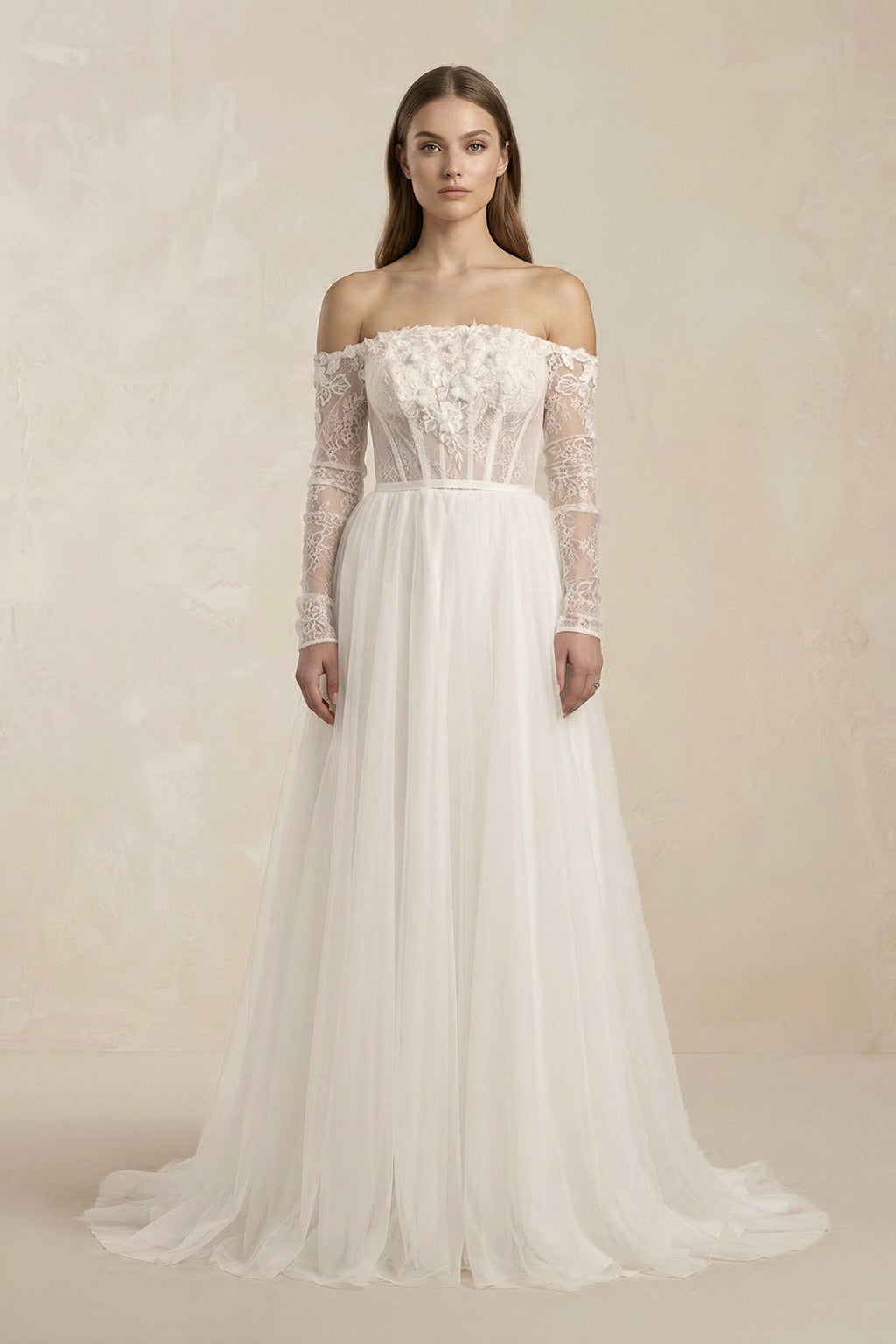 Off - the - Shoulder Tulle Corset A - Line Appliqued Wedding Dress in White - SHE IS ME Wedding Dresses