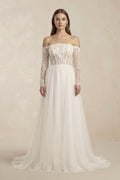 Off - the - Shoulder Tulle Corset A - Line Appliqued Wedding Dress in White - SHE IS ME Wedding Dresses