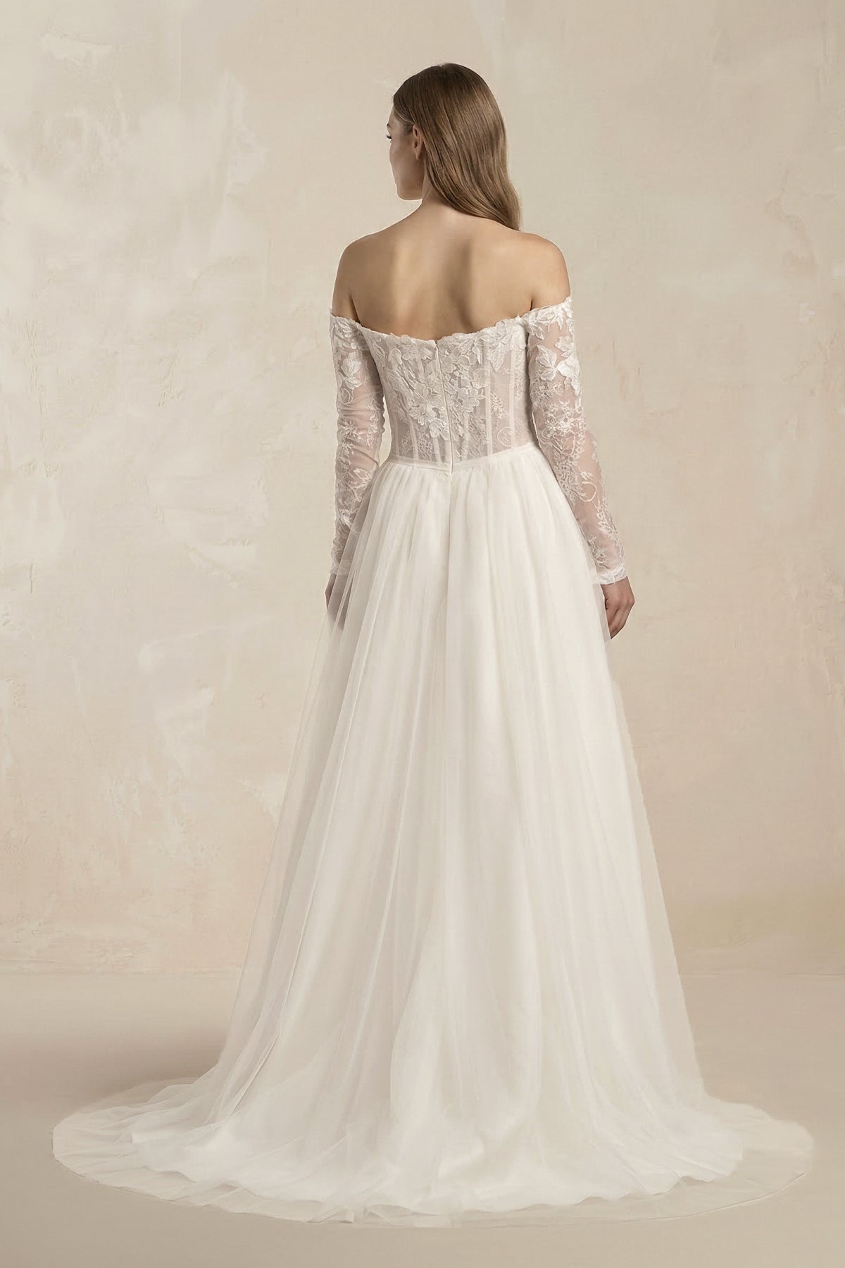 Off - the - Shoulder Tulle Corset A - Line Appliqued Wedding Dress in White - SHE IS ME Wedding Dresses