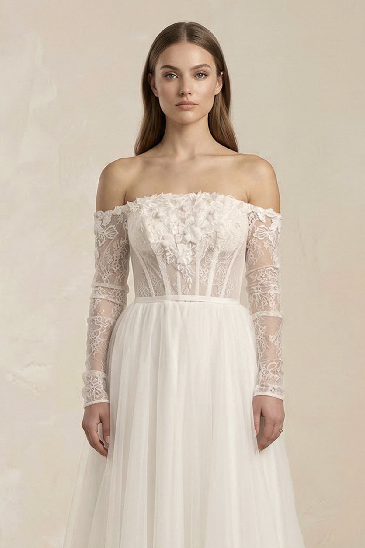 Off - the - Shoulder Tulle Corset A - Line Appliqued Wedding Dress in White - SHE IS ME Wedding Dresses