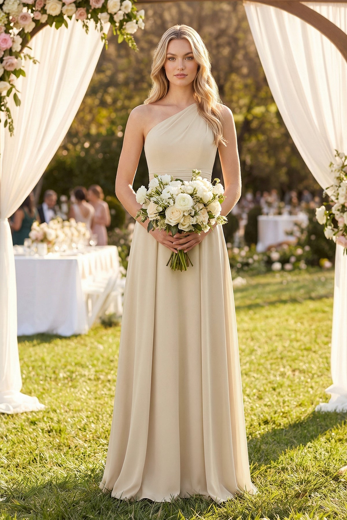 One - Shoulder A - Line Chiffon Bridesmaid Dress in Champagne - SHE IS ME Bridesmaid Dresses